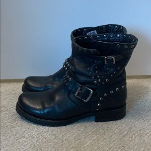 Frye Stud Moto Short Black Washed Antique Boot